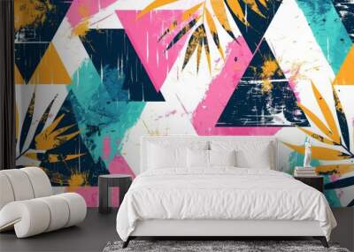 pattern with colorful triangles and tropical palm leaves in the style of grunge on a white background Generative AI Wall mural