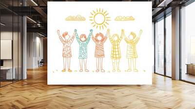 people holding hands, celebrating success together, sun in the sky, hand drawn white background, doodle style Generative AI Wall mural