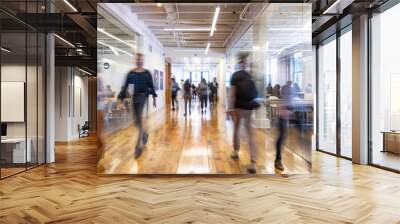 people moving in motion blur walking around an office space, with glass walls and wooden floors, a white ceiling with rectangular lights Generative AI Wall mural