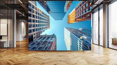 photo of cityscape with modern skyscrapers and historic buildings, looking up from the ground level in Boston's financial district Generative AI Wall mural