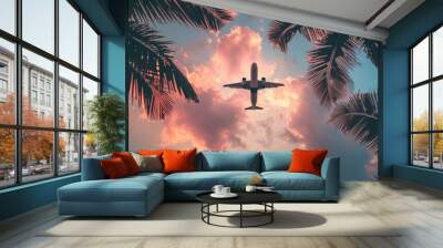 photograph of airplane flying in the sky between palm trees at sunset Generative AI Wall mural