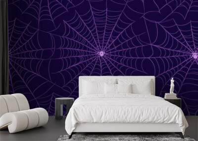 purple background with spider webs, Halloween pattern illustration of cobwebs on dark blue wallpaper for web design or print Generative AI Wall mural