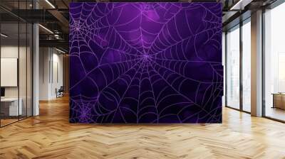 purple background with spider webs Halloween design, flat vector illustration of cobwebs on a dark blue backdrop for a web banner or packaging paper texture Generative AI Wall mural