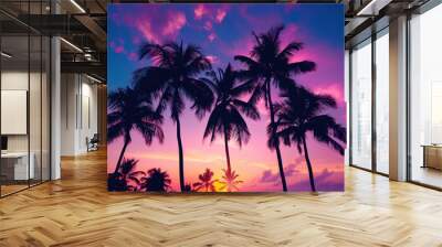 purple blue sky with palm trees, sunset Generative AI Wall mural