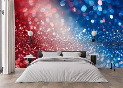 Red, white and blue glitter background with bokeh lights in the colors of France flag for French national holiday or celebration Generative AI Wall mural