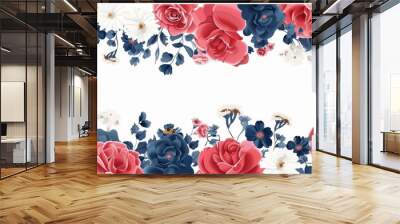 Red, white and blue roses border pattern, simple floral design with a lot of negative space in the middle Generative AI Wall mural