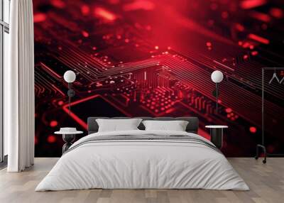 Red circuit board pattern, black background red tone, futuristic feel Generative AI Wall mural