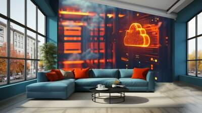 render of cloud computing with glowing orange color on dark background in a modern server room interior Cloud technology concept Generative AI Wall mural