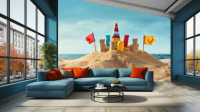 sand castle in the sand with flags on a beach Generative AI Wall mural