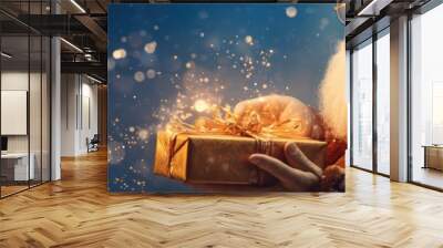 santa claus holds a gift box with lights Generative AI Wall mural