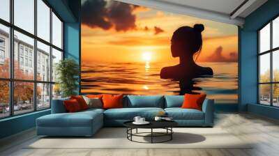 Silhouette of a woman in water at sunset, a summer vacation concept Generative AI Wall mural