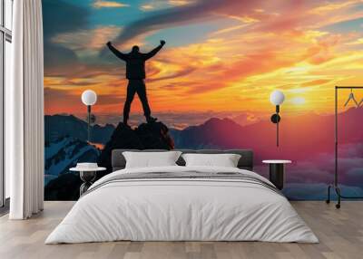 Silhouette of man standing on top mountain with arms raised up and looking at sky during sunset Concept for success, achievement or determination in business Generative AI Wall mural