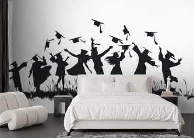 Silhouette of students celebrating their graduation with graduation caps in the air lat design, simple lines and shapes Generative AI Wall mural