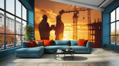 Silhouette of two construction workers with a digital tablet in hand, standing against a sunset background at a building site with cranes and lifting equipment Generative AI Wall mural