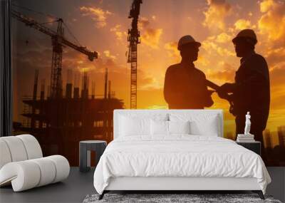 Silhouettes of workers with a digital tablet standing against the silhouette of a construction site at sunset, with golden hour lighting, building cranes, architecture in the background Generative AI Wall mural