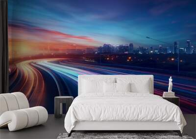 Sleek highway with city skyline in the background illuminated in the style of dynamic light trails and motion blur Generative AI Wall mural