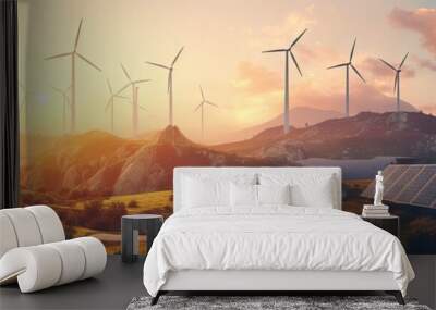 solar panels and windmills in the mountains at sunset Generative AI Wall mural