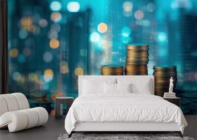 Stacked coins with a financial graph and city background in a double exposure, combining the concept of business growth with money investment and global market transformation Generative AI Wall mural