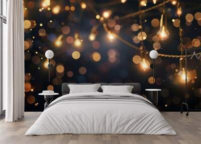 Starry lights garland on black background, glowing golden string of fairy light bulbs decoration Generative AI Wall mural