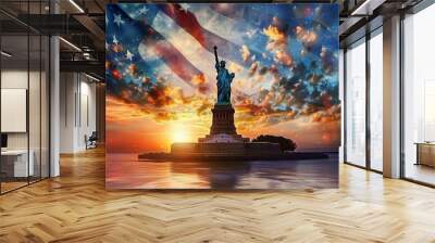 Statue of Liberty with an American flag background Sunset sky with stars and clouds in the style of an American landscape painter Generative AI Wall mural