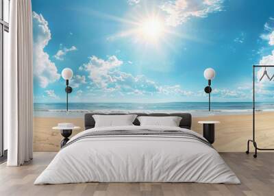 Sunny summer background with a blue sky, white clouds and golden sand on the beach The sun shines brightly in front of you, creating an atmosphere of relaxation and vacation Generative AI Wall mural