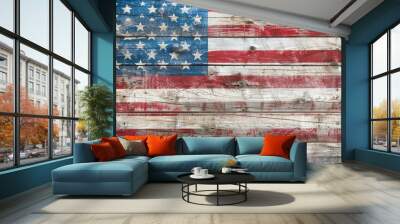 The American flag is displayed on the background of wooden planks, with white and red stripes at top left corner and blue stars Generative AI Wall mural