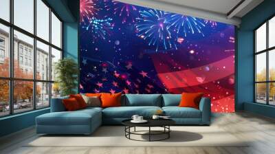 The American flag is waving in the wind, with colorful fireworks blooming on it The background color of the banner includes red and blue tones Generative AI Wall mural