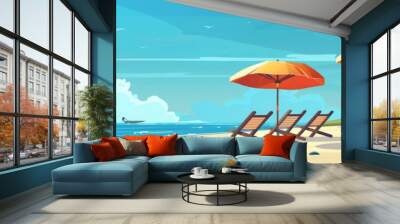 The beach by the sea with chairs and umbrellas on it with simple lines and flat color blocks in a cartoon style The background is a blue sky with white clouds, palm trees in the distance Generative AI Wall mural