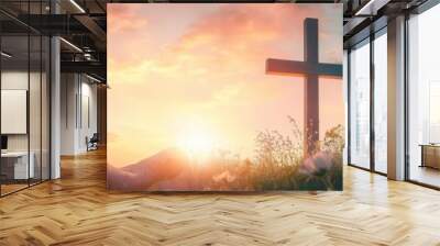 The cross and dove symbolizing the Easter bunny flying away from Jesus Christ's body at sunset Christian concept background banner with copy space Generative AI Wall mural