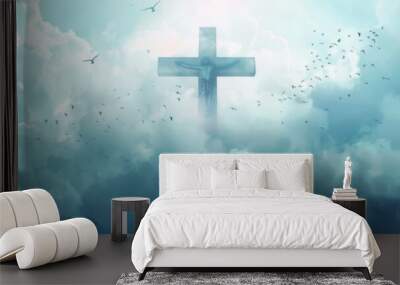 The cross of Jesus Christ is seen in the sky with clouds and birds flying around it, creating an ethereal scene for Christian background or wallpaper design Generative AI Wall mural