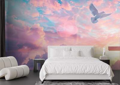 The cross of Jesus Christ with a dove flying in the sky at sunset, a concept background banner for Easter celebration and Bible study Generative AI Wall mural