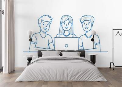 Three young people working together in the office, a simple flat illustration style with a white background and a blue color scheme Generative AI Wall mural