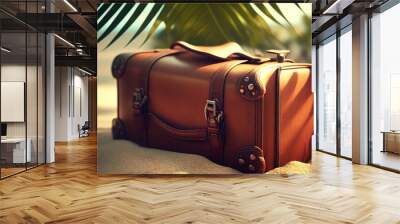 Travel Suitcase On Tropical Beach With Sunny Sea And Palm Leaves - Defocused Abstract Background Wall mural