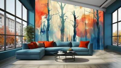 trees with a blue, red and orange color abstract art Generative AI Wall mural