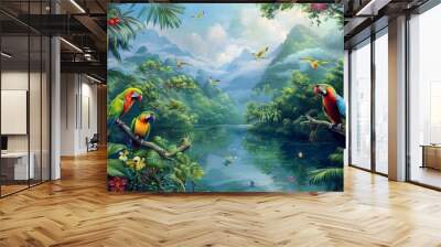 tropical birds painting Generative AI Wall mural