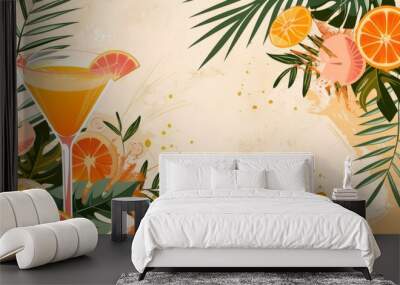 Tropical cocktail party banner template with an illustration of tropical leaves and orange and pink palm leaves on a beige background Generative AI Wall mural