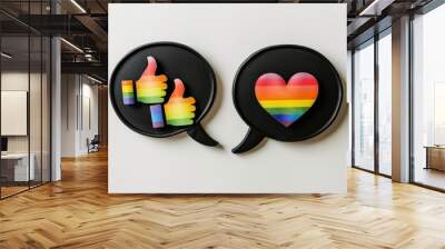 two black speech bubbles with rainbow thumbs up and heart symbols on them white background Generative AI Wall mural