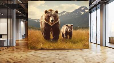 two brown bears walking on a grass field Generative AI Wall mural