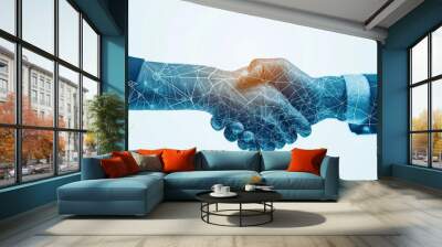 two businesspeople shaking hands with an internet connection over a blue background Generative AI Wall mural