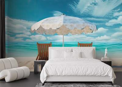 two chairs are on a beach under a umbrella Generative AI Wall mural