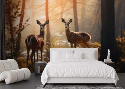 two deer standing in a field through woodlands Generative AI Wall mural