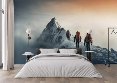 two mountaineers hiking up a snowy mountain Generative AI Wall mural