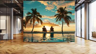 Two people relaxing on deck chairs by the pool at sunset in a tropical resort with palm trees and a beach view. A man and woman sitting back on lounge chairs Generative AI Wall mural