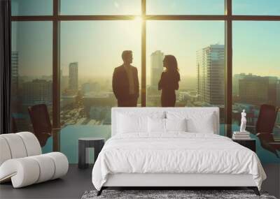 two people standing in front of large windows, looking out at the cityscape from an office building's conference room table Generative AI Wall mural