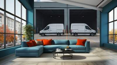 two white vans are parked in and outside a warehouse building Generative Ai Wall mural