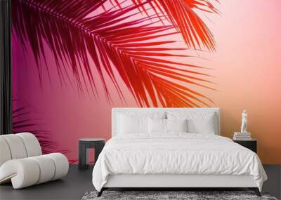 Vibrant pink and orange gradient sky with a palm tree silhouette A beautiful summer sunset background retro design, tropical theme Generative AI Wall mural