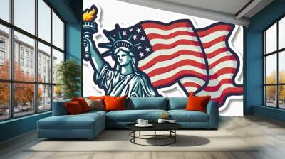 Vintage American flag with torch and Statue of Liberty isolated on white background Generative AI Wall mural