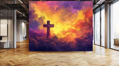 watercolor cross in the sky with clouds Generative AI Wall mural