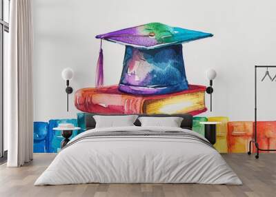 watercolor graduation cap on top of books, white background, rainbow colors Generative AI Wall mural