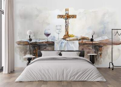 watercolor illustration of a holy and breathtaking table with a white linen cloth, bible, and wine glass on it a cross is in the middle of the picture against a white background Generative AI Wall mural